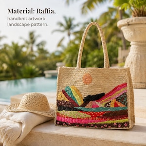 May include: A handknit raffia tote bag featuring a landscape pattern with a sun, mountains, and colorful fields. The bag has two top handles and a rectangular structure. Text on the image reads: Material: Raffia, handknit artwork landscape pattern.