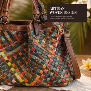 Sac vintage en cuir tressé | Sac bandoulière patchwork coloré | Sac à main vintage en cuir de vachette véritable | Grand sac bandoulière bohème | Cadeau pour femme