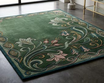 Sage Green Tufted Rug, Floral Area Rug, Art Nouveau Rug, Botanical Wool Rug, Vintage Style Carpet, Handmade Living Room Rug