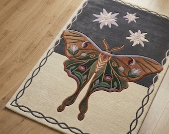 Hand Tufted Luna Moth Rug Celestial Area Rug Vintage Botanical Cottagecore Decor Gothic Celestial Rug Custom Tufted Floor Mat Witchy Room