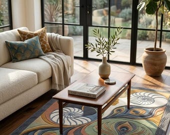 Ginkgo Leaf Tufted Rug, Handmade Wool Area Rug, Nautilus Shell Botanical Carpet, Art Nouveau Living Room Rug, Custom Size Decor