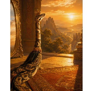 May include: A snake wearing a small gold crown and a dark, ornate cape with gold embroidery. The snake is positioned on a red patterned rug inside a stone structure with a large gold-framed mirror, overlooking a mountainous landscape at sunset.