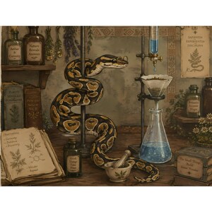 May include: A detailed illustration of a ball python wearing small round glasses, coiled around a laboratory stand. The scene includes glass beakers, a funnel, a mortar and pestle, old books with botanical sketches, and apothecary bottles.