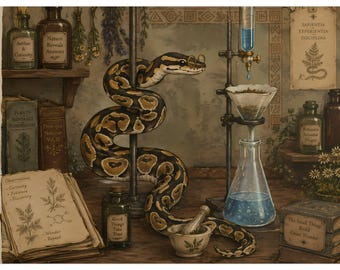 Stampa vintage "Alchimista con pitone reale" / Opera d'arte da parete a tema Dark Academia, botanica e chimica (8x6 orizzontale)