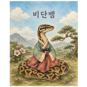 May include: A watercolor illustration of a ball python wearing a teal and pink hanbok. The snake is coiled in a grassy landscape with mountains, a pine tree, and pink flowers. The Korean text 비단뱀 is printed in dark blue at the top center.