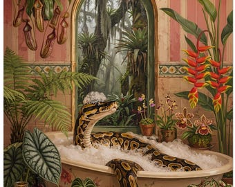 Stampa artistica "Pitone reale nella vasca da bagno con bolle" / Illustrazione botanica tropicale massimalista