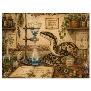 Puede incluir: Una ilustración detallada de una pitón bola en un laboratorio con un aparato de filtración de vidrio, vasos de precipitados, tubos de ensayo y un cuaderno abierto. El texto dice EXPERIMENTA VERITATEM REVELANT, Herbarium, Fig. 1 Filtration y Notes on Solutions.