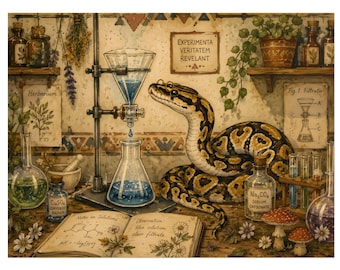 Stampa vintage di pitone reale con tema chimico / Quadro da parete Dark Academia con serpente (25 x 20 cm)