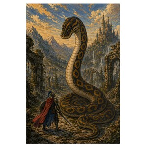 Könnte beinhalten: Eine Fantasy-Illustration zeigt einen Ritter in voller Rüstung mit rotem Umhang und Schwert auf einem Steinweg, der einer riesigen, gemusterten braun-schwarzen Schlange gegenübersteht. Im Hintergrund thront ein Schloss auf einem Berg.