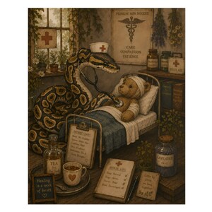 Puede incluir: Una ilustración digital de una serpiente con cofia de enfermería usando un estetoscopio para examinar un oso de peluche en una cama de hospital. La escena incluye un historial del paciente, un registro de enfermería, té y frascos de medicina.