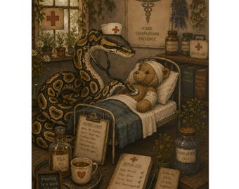 Ball Python Nurse Art Print | Cottagecore Reptile Illustration | Vintage Veterinary Decor
