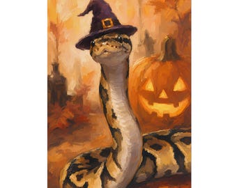 Halloween Ball Python Art Print, Witch Hat Snake Poster, Spooky Jack O Lantern Decor