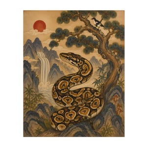 May include: A detailed painting featuring a brown and tan patterned snake coiled in the foreground. The background depicts a landscape with a waterfall, jagged blue mountains, a red sun, and a bird perched on a pine tree branch.