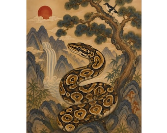 Minhwa kungspytontryck | Koreansk folkkonst ormväggdekoration | Vertikal poster 8x10