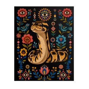 May include: A digital illustration on a black background featuring a central brown and tan patterned snake. The snake is surrounded by symmetrical floral motifs, blue birds, and stylized eye symbols in shades of red, orange, blue, and yellow.