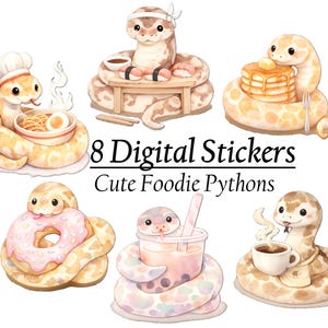 May include: A collection of 8 digital stickers featuring light brown and cream-colored pythons interacting with various foods, including ramen, sushi, pancakes, a donut, bubble tea, and coffee. The text reads 8 Digital Stickers Cute Foodie Pythons.