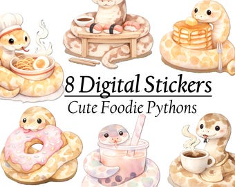 8 Foodie Ball Python Digital Stickers – Kawaii Snake Clipart (Digital Download)