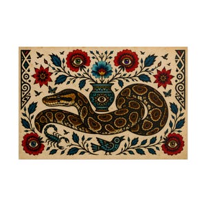 Puede incluir: Una lámina rectangular con una serpiente marrón estampada en el centro, enroscada junto a un jarrón azul con un motivo de ojo. La composición incluye flores rojas y azules con ojos incrustados, un escorpión negro, un pájaro azul y mariposas.