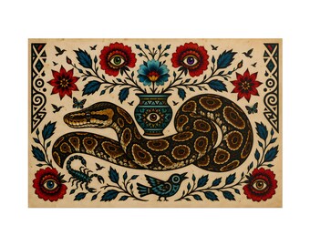 Stampa artistica di un tatuaggio di pitone reale / Poster vintage di rettile botanico folk (Giclée 12x8)