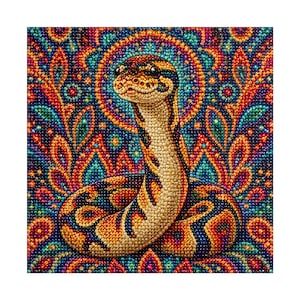 May include: A diamond painting art piece featuring a coiled snake with yellow, brown, and black scales. The snake is centred against a vibrant, symmetrical background composed of small, colourful beads in shades of blue, orange, and purple.