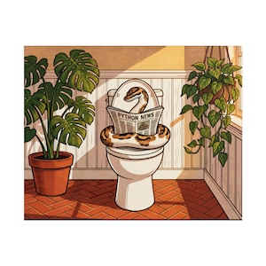 Affiche humoristique pour salle de bain : serpent | Python royal lisant le journal | Décoration murale botanique pour salle de bain | Impression roulée