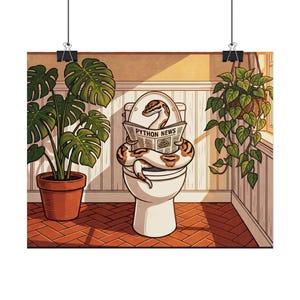 Funny Snake Bathroom Poster | Ball Python Reading Newspaper | Botanical Bathroom Wall Art | Rolled Print