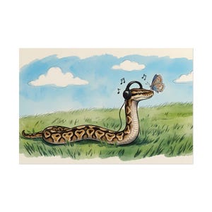 Ball Python Listening Music Art Print | Watercolor Snake, Butterfly Decor, Whimsical Reptile Wall Art