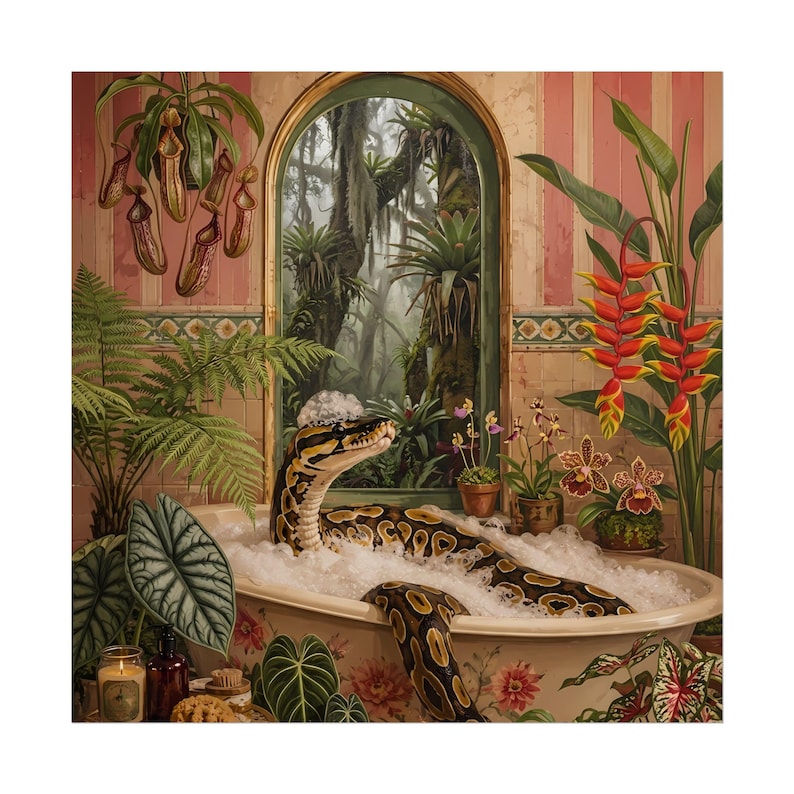 Balpython bubbelbad kunstprint | Maximalistische tropische botanische illustratie afbeelding 1