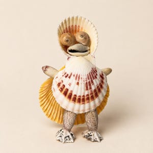 May include: A decorative figurine crafted from various seashells. The head features two spiral shells as eyes and a dark shell as a mouth, framed by a fan-shaped shell. The body is a large, white and brown striped scallop shell with yellow side wings.
