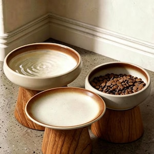 May include: Three elevated pet bowls with a cream-colored ceramic basin featuring a brown rim, supported by a cylindrical wooden base with a visible grain pattern. One bowl contains water, one contains dry brown kibble, and one is empty.