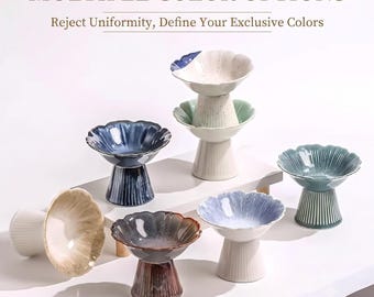May include: A collection of ceramic pedestal bowls with scalloped edges and ribbed bases in various colors including blue, green, brown, and cream. The text MULTIPLE COLOR OPTIONS and Reject Uniformity, Define Your Exclusive Colors is visible.