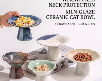 Elevated Ceramic Cat Bowl Kiln Glaze Scalloped Pet Dish Whisker Friendly Wide Rim Raised Kitten Water Feeder Vintage Cat Mom Gift