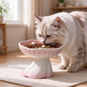Peut inclure: Un bol pour animal de compagnie en céramique surélevé avec un bord festonné et une base en piédestal. Le bol présente un dégradé de couleurs, passant d'un rose pastel doux sur le bord à un blanc crème à la base, rempli de croquettes.