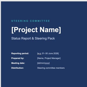May include: A dark blue project status report and steering pack template featuring the text Steering Committee, Project Name, Status Report & Steering Pack, Reporting period, Prepared by, Meeting date, Distribution, and Overall Status Amber.