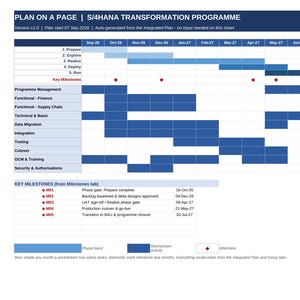 May include: A Plan on a Page S/4HANA Transformation Programme chart featuring a timeline from September 2026 to August 2027. The document displays workstreams, phase bands, and key milestones marked with red diamonds, with a RAG status column.