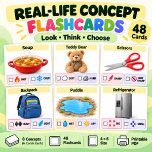 May include: A set of 48 educational flashcards titled Real-Life Concept Flashcards: Look, Think, Choose. The cards feature illustrations of soup, a teddy bear, scissors, a backpack, a puddle, and a refrigerator with checkboxes for concepts like hot, cold, soft, hard, sharp, not sharp, heavy, light, wet, dry, big, and small.
