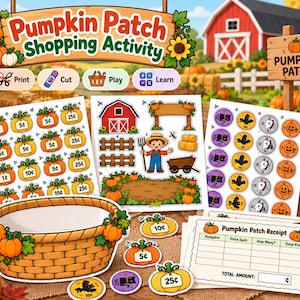 Pumpkin Patch Shopping Activity Printable, Halloween Money Math Craft, Preschool Kindergarten Coin Counting, Cut and Paste Farm Game