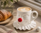 Whimsical Clown Face Mug with Ruffled Saucer, Sculptural Coffee Cup, Surrealist Ceramic Drinkware