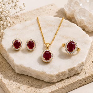 24K Gold Ruby Ovare Halo Jewelry Set: Pendant, Earrings Ring (4-Piece)