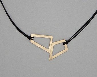 Brushed Brass Geometric Pendant Necklace, Black Cord, Asymmetric Jewelry