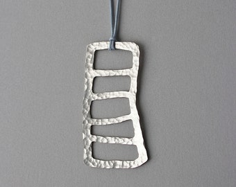 Sterling Silver Hammered Contemporary Geometric Pendant Blue Cord Long Necklace