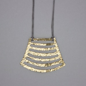 Long Brass Hammered Pendant Gray Cord Necklace