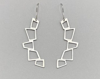 Brushed Sterling Silver Geometric Dangle Earrings, Modern Jewelry