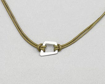 Brushed Sterling Silver Geometric Choker with Olive Cord