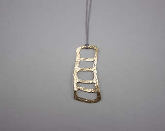 Brass Hammered Geometric Pendant Grey Cord Long Necklace
