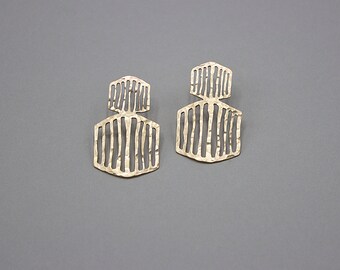 Hammered Brass Polygon Drop Earrings, Sterling Silver Wires