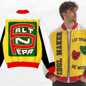 May include: A colour-blocked bomber jacket featuring a white, yellow, red, and black design. The back displays a large green square with the red and white text SALT N PEPA. The front features the text IDOL MAKER and LET THERE BE MUSIC with masks.