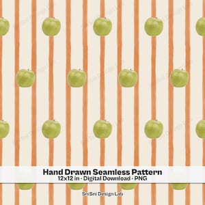 Green Apple Stripe Seamless Pattern: Hand Illustrated Watercolor Fruit Fabric Design (Digital Download, PNG)