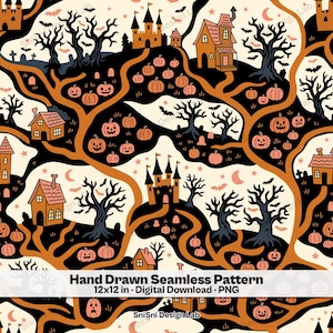 Halloween Haunted Village Map Seamless Pattern, Hand-Illustrated Pumpkins, Castle, Houses (Digital Download)