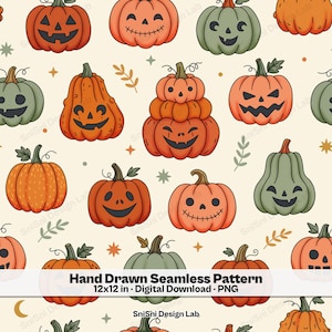 Patrón sin costuras de calabaza caprichosa, diseño de calabaza de Halloween ilustrado a mano, PNG